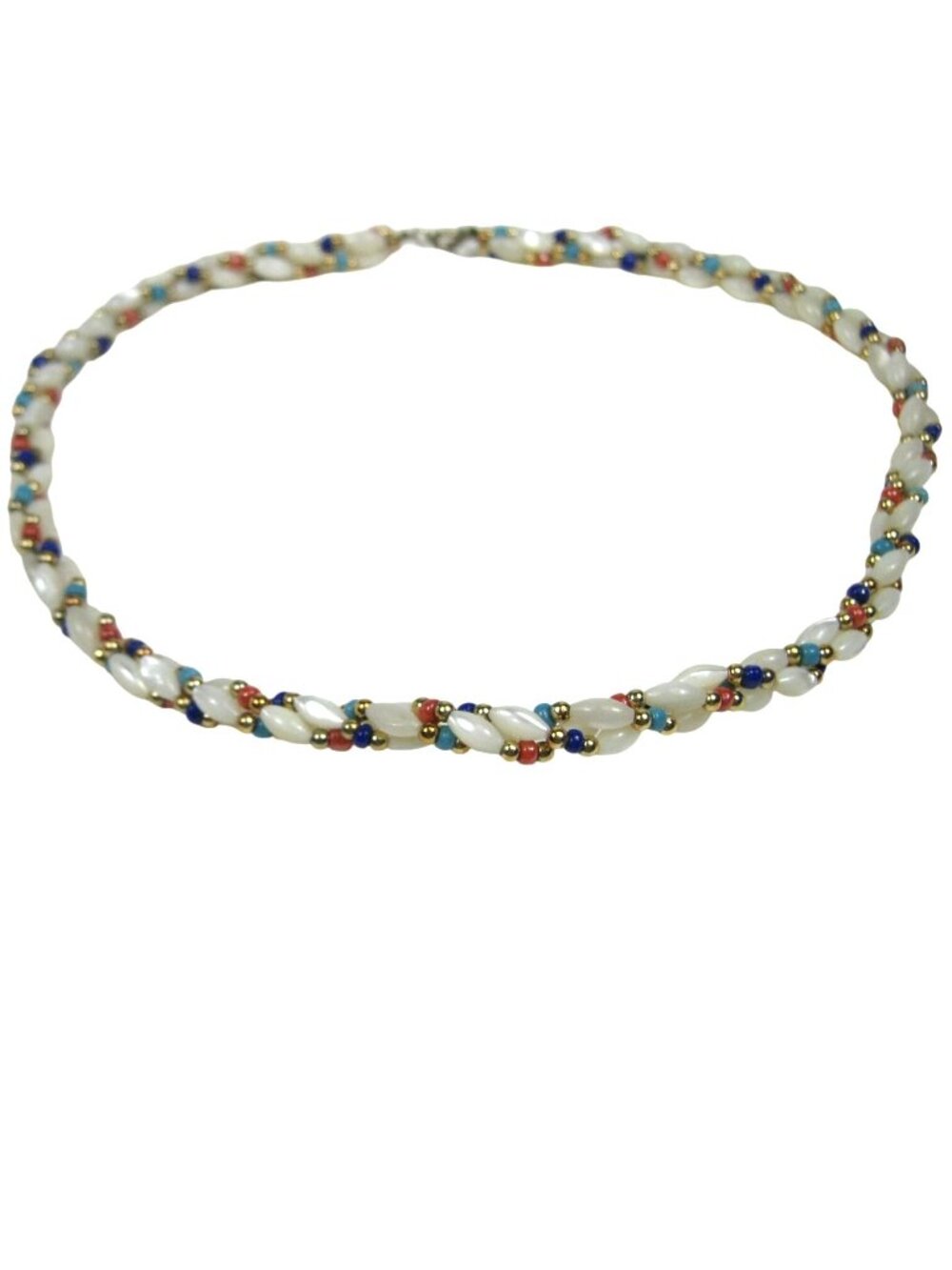 Vintage Mother of Pearl Shell Bead Twisted Necklace 15 Inch Choker Summer Beach